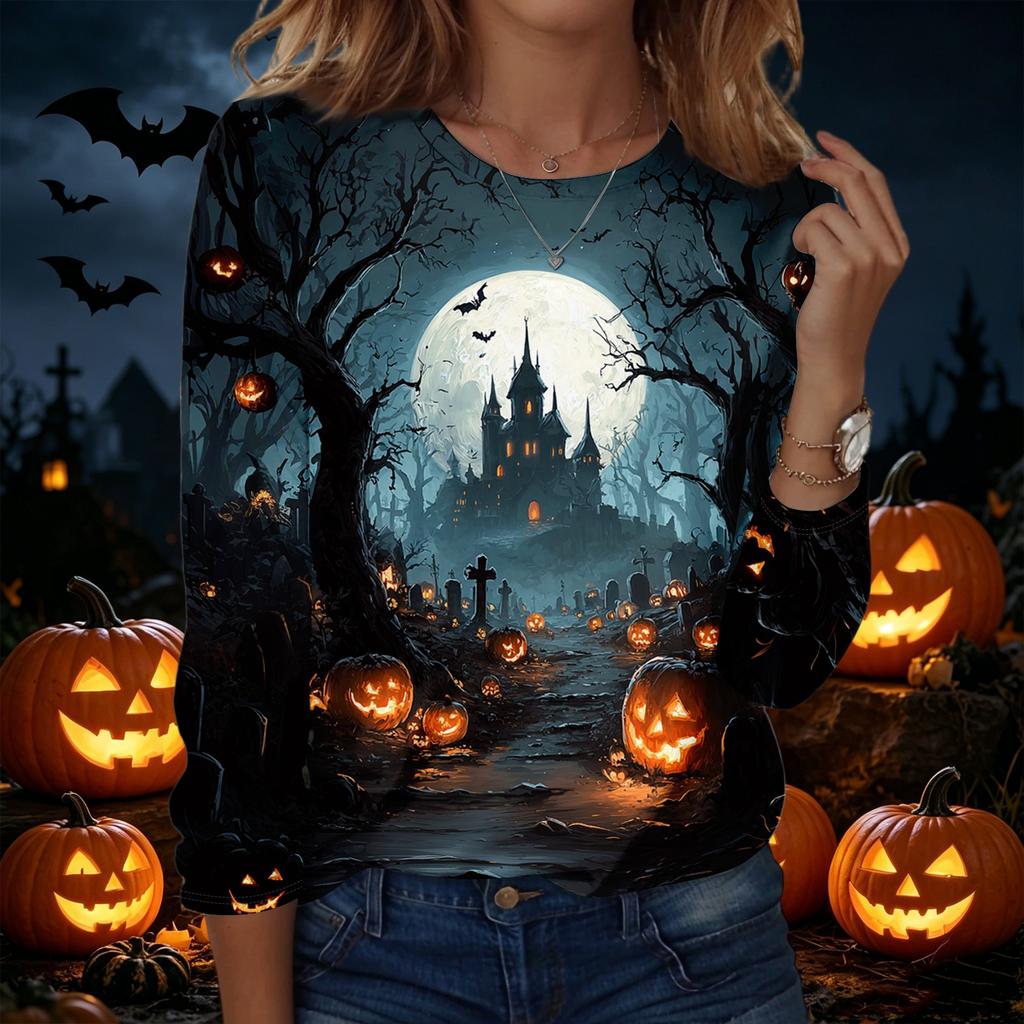 Women's Halloween Printed Crewneck Long Sleeve Pullover Sweatshirt Casual Fit Lightweight Top for Seasonal Wear