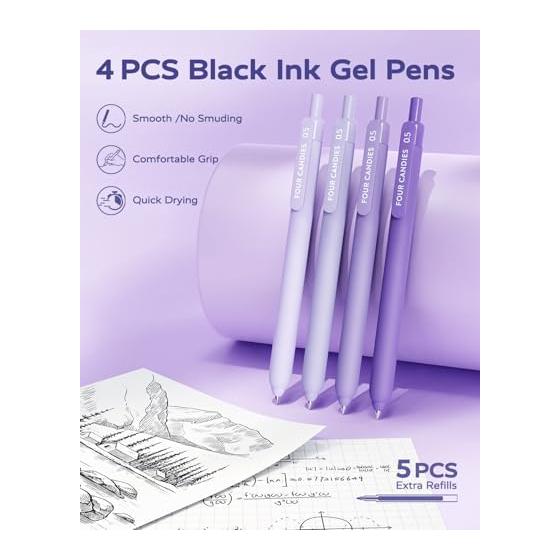 Four Candies Purple Stationery Set with Gel Pens, Correction Tape, Pastel Highlighters, Mechanical Pencil, Sticky Notes & Index Tabs - Study