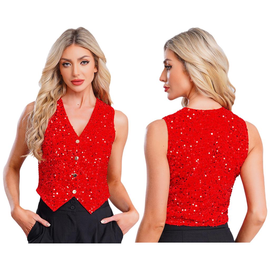 Women Sparkly Sequin Vest Sleeveless V-neck Irregular Hem Party Top for Cocktail Banquet Nightclub Summer