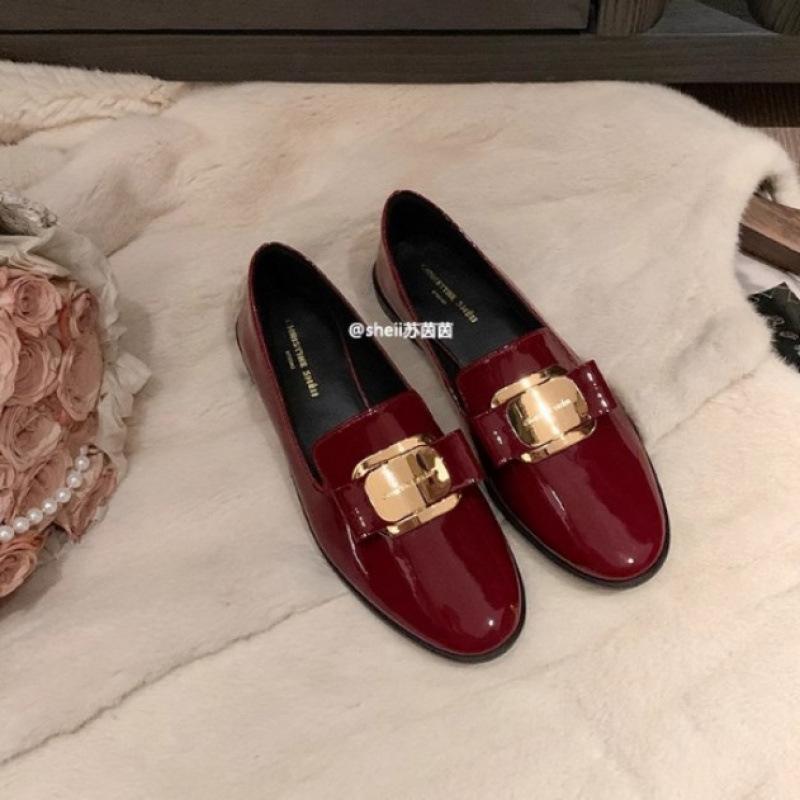 

Туфли супермягкая лакированная кожа золотая пряжка ленивые на один педаль для通勤 одинарные туфли женские 40 бордовый