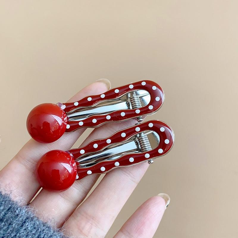 Dark Red Polka Dot Alloy Hairpin Cute Point Sweet Girls Women Duck Bill Clip Bangs Clip   Headwear Hair Accessories