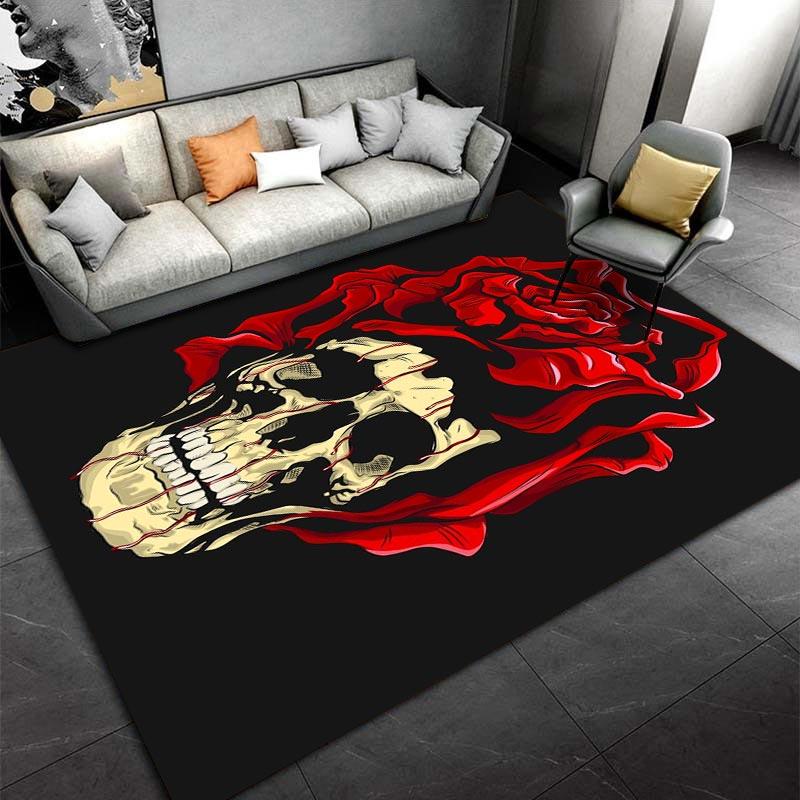 Skull Rose Printed Flannel Non-slip Carpet Suitable for Living Room and Bedroom