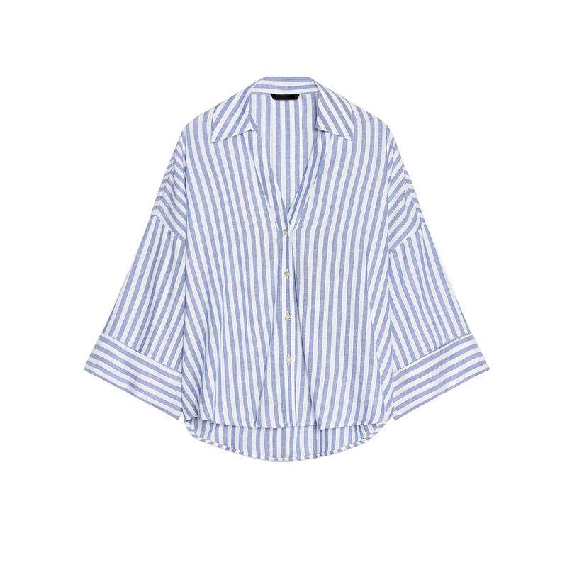 

Spring New Women s Clothing French Simplicity Style Light Spring Linen Blended Wide Sleeve Plaid Shirt 2340939 Blue Stripe XS