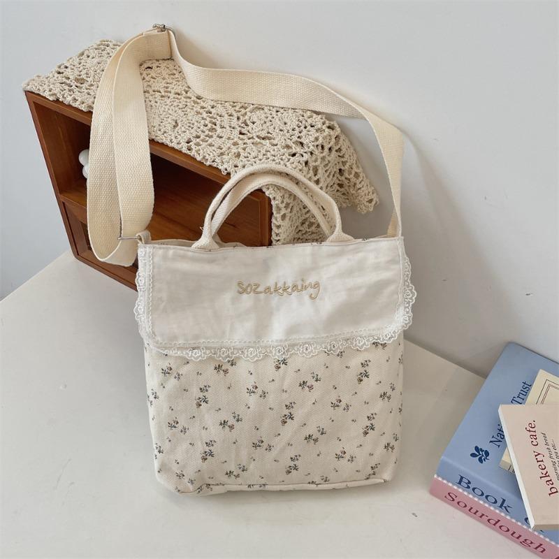 Spring and Summer Pastoral Splicing Floral Hand-held Canvas Bag Shoulder Messenger Bag Large-capacity Commuter Hand Carry