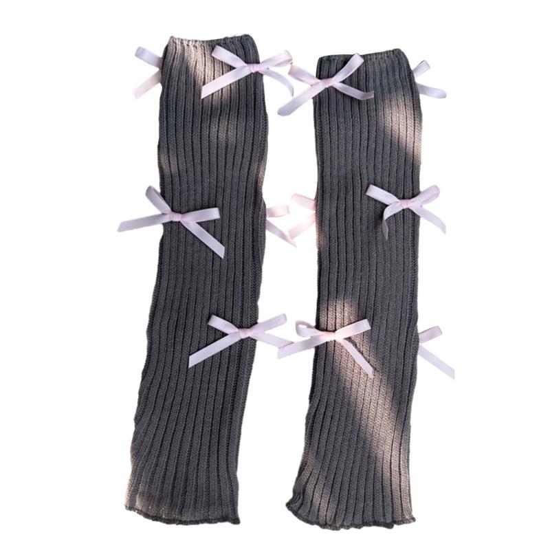 Women Japanese Style JK Girl Ribbed Knitted Leg Warmers Cute Small Bowknot Ruffled Hem Boot Cuffs Leg Cover Long Socks