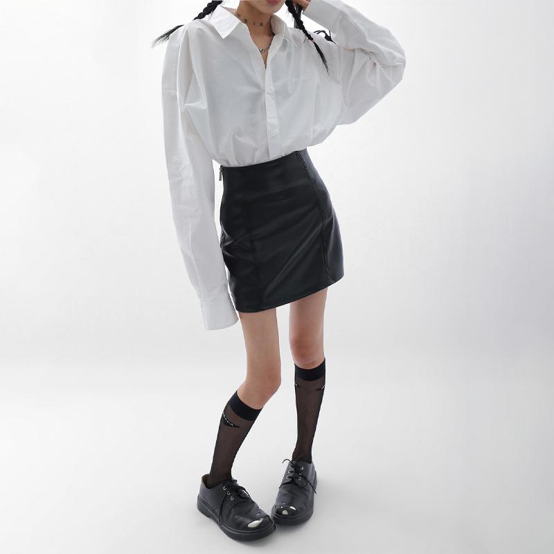 Black PU Leather Mini Skirt Women Side Zipper High Waist Sexy Package Hip Skirt Y2K Street Fashion