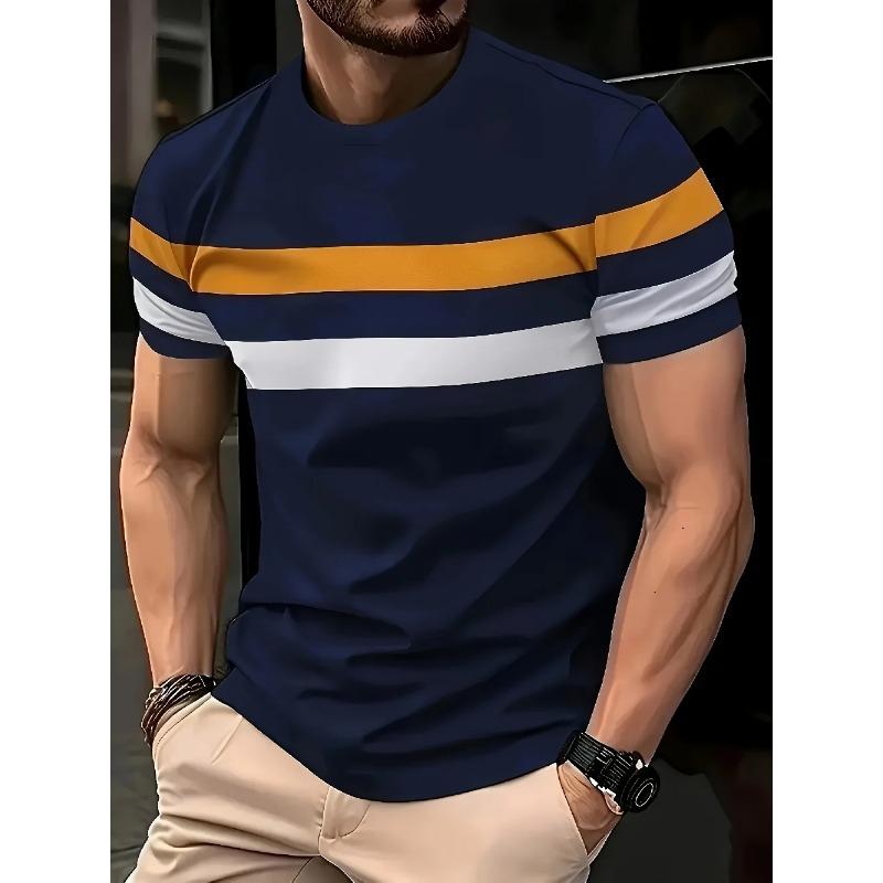 

Летняя футболка с круглым вырезом, 3D-принтом в полоску и колор-блоком, модная, повседневная, с коротким рукавом, мужская 4XL
