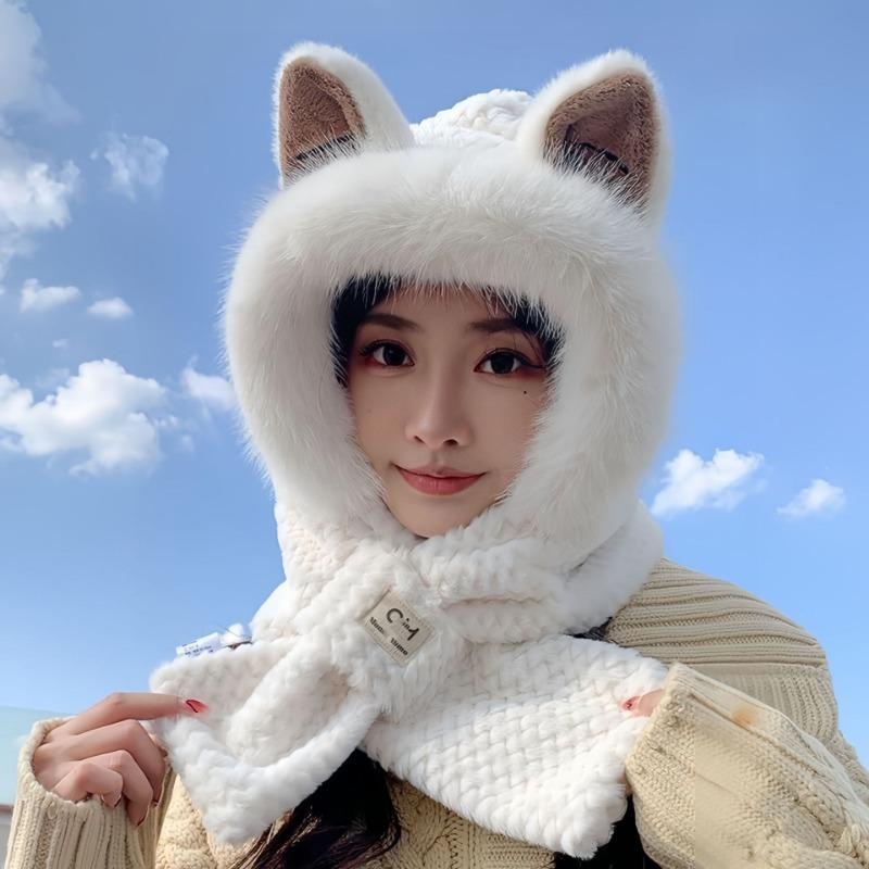 Autumn and Winter Hat Female Cute Fox Ear Scarf Thickened Integrated Scarf Plush Hat Cycling Warm Ear Protection Hat