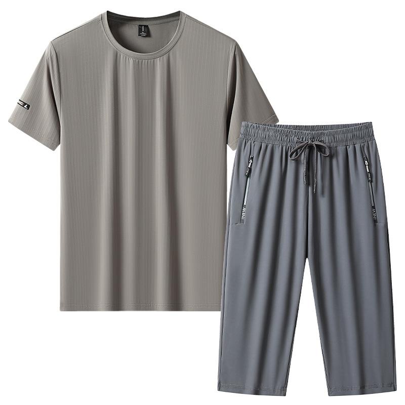 Large Size Sports Suit Men's Short Sleeved Two-piece Set Men's Running and Fitness Clothes Summer Loose Thin Ice Silk Sportswear