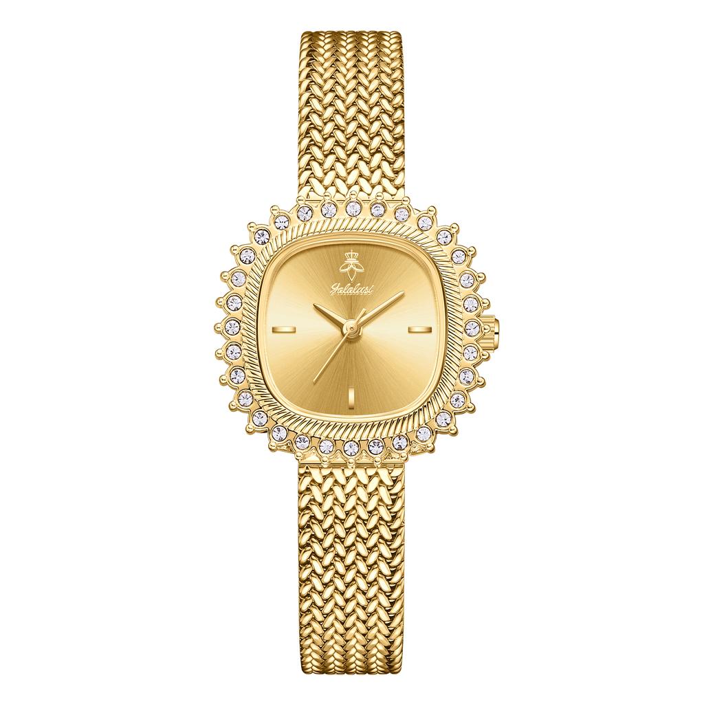 YaLaLuSi Brand Women's Luxury Gold Rhinestone Watch Green Dial Niche Design Quartz Watch Stylish Woven Metal Strap Gift Box Set