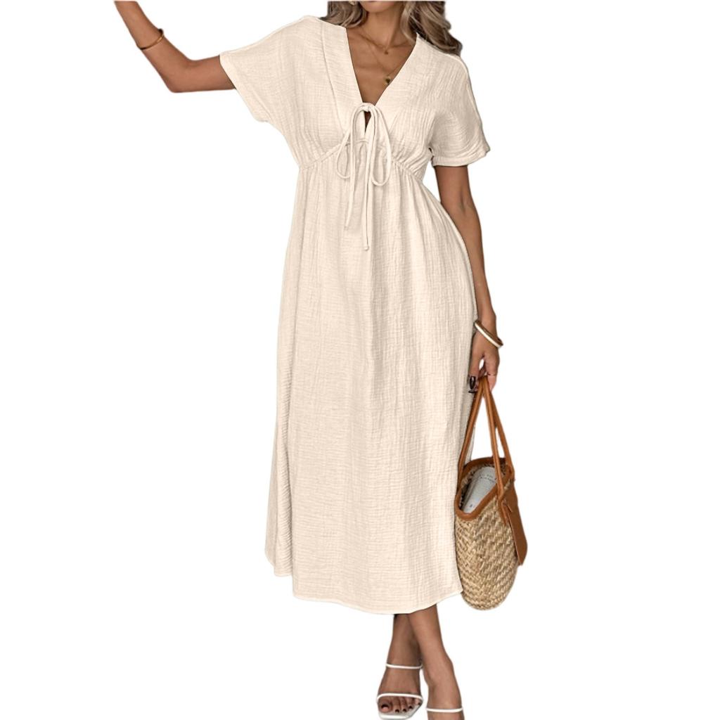 Dámské volné ležérní šaty s výstřihem do V, krátkým rukávem, pohodlné, jednobarevné, s elastickým pasem