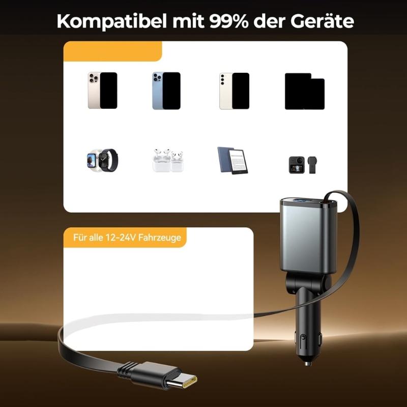 Very Small Retractable USB C Car Chargers 45W 3 In 1 Adapter High Speed Vehicle Chargers Small Car Chargers for Locate