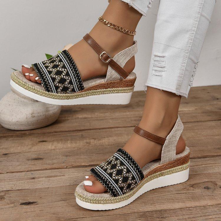 

Large size hemp rope sole fashion sandals summer one-word buckle rear empty low-top wedge heel women s shoes 43 чёрный
