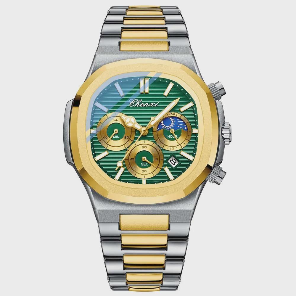 Men's Multifunction Quartz Watch Chronograph Luminous Water-Resistant Luxury Golden Steel Bracelet Men Moonswatch