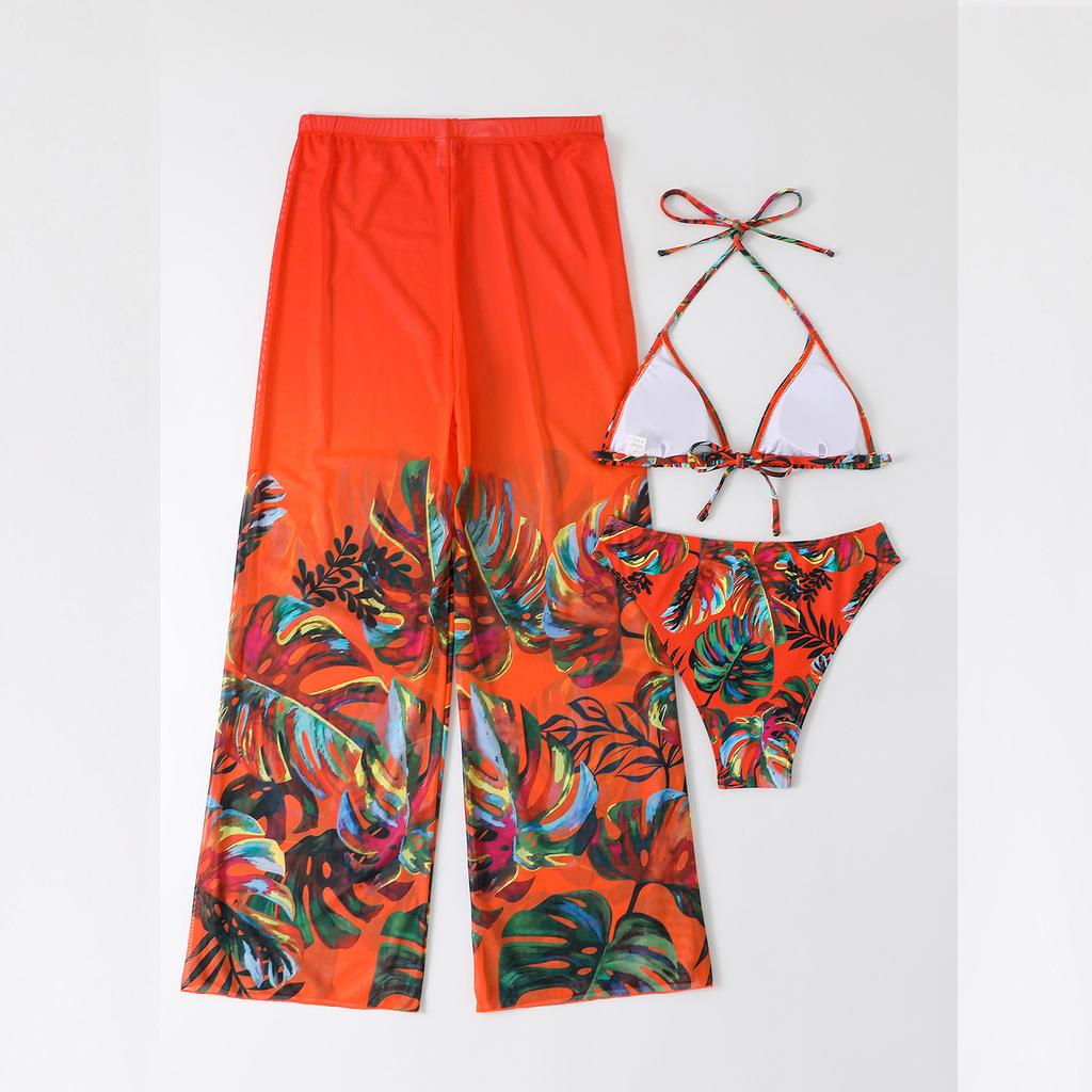 Modische Damen-Hose, Dreiteiliges Set mit durchgehendem Print, Badeanzug, Rückenfreies Geteiltes Oberteil, Bikini