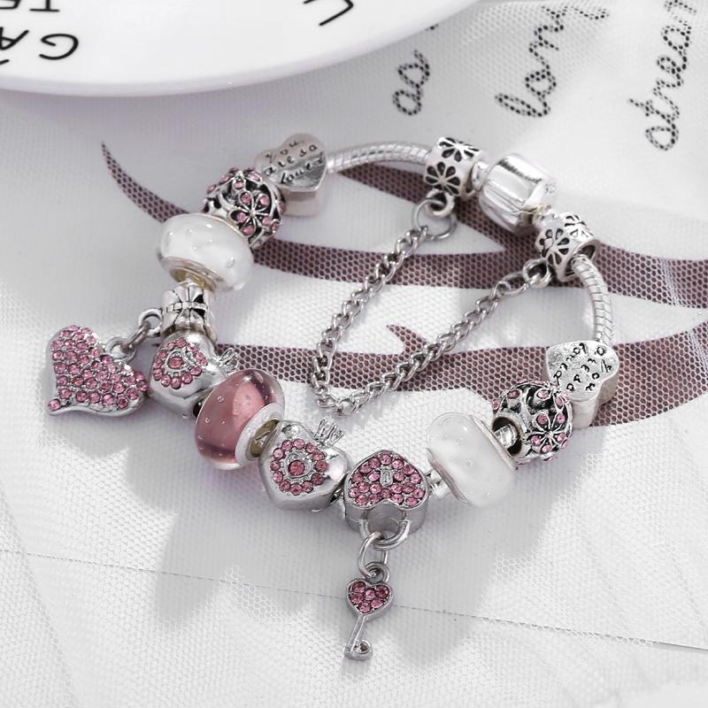 Avrupa Orijinal Kristal Charm Bilezik Çocuklar Kadınlar için Gümüş Kaplama Yılan Zincir Marka Bilezik Otantik Mücevher
