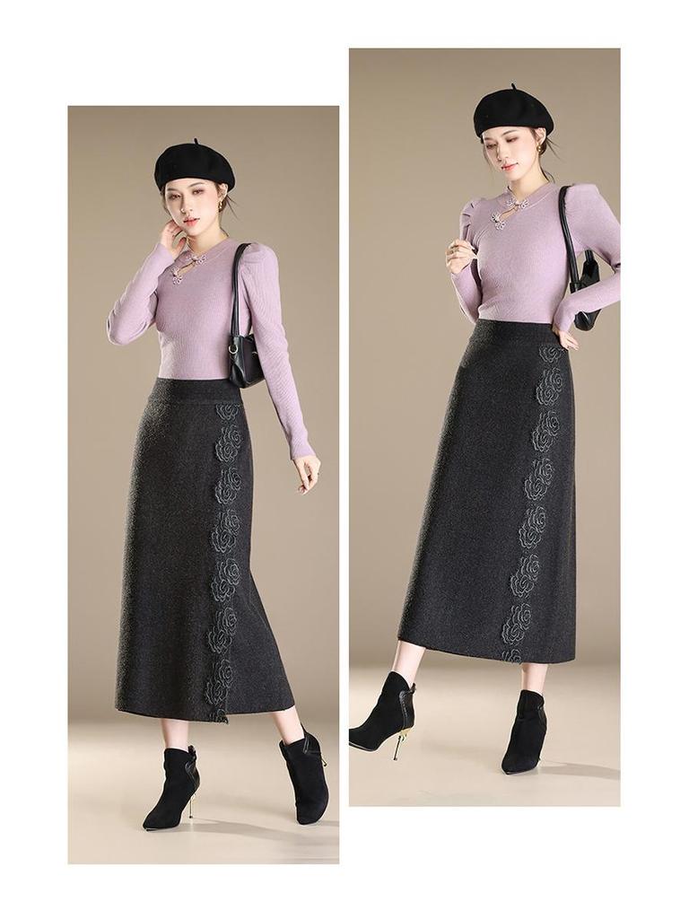 2026 Peony Lace Stretchy Knit Midi Bodycon Skirt