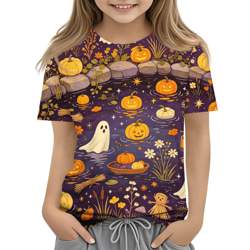 Boys and Girls Halloween T-Shirt - Round Neck Short Sleeve Casual Graphic Tee for Kids