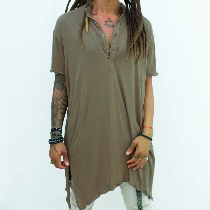 Summer T-Shirts Men Vintage Irregular Ripped Design Men's Long Casual Button O-Neck Short Sleeve Tops Streetwear Men Fashion Tees