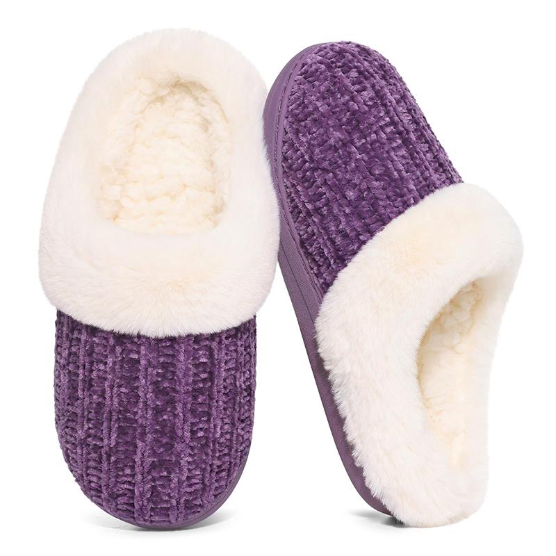 Fashion Shevalues Winter Plush Lining Slippers For Women Cozy Wool-Like Lined Chenille Slippers Memory Foam Fuzzy Warm Indoor Slippers