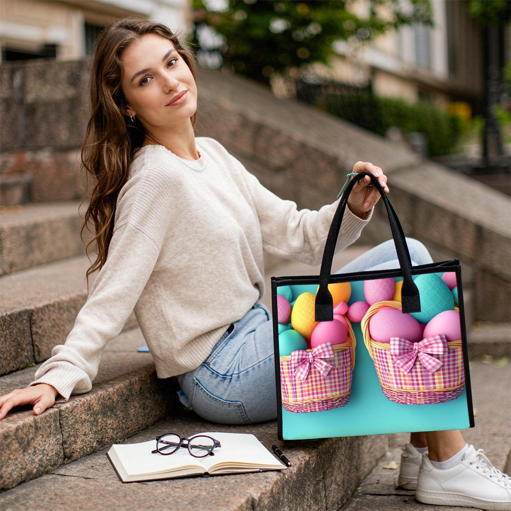 Easter Egg Basket Print Cute Tote Bag Lightweight Fashion Casual Carryall Handbag
