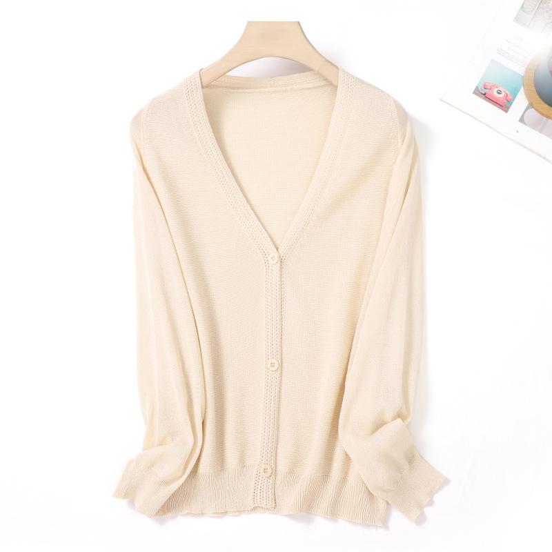 New Summer Literary and Fresh Linen Knitted Cardigan V-neck Solid Color Loose Version Long-sleeved Women's Cardigan