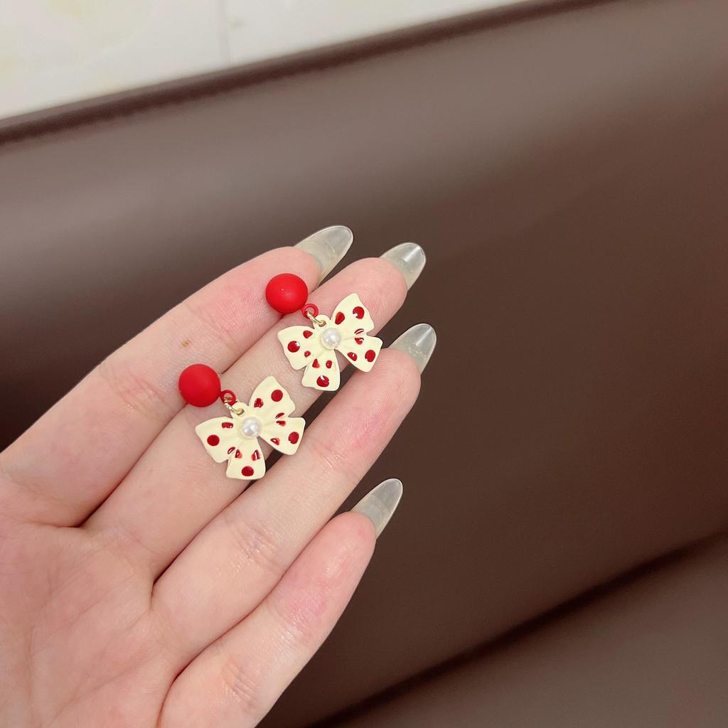 Cute Pearl Bowknot Colorful Polka Dots Bowknot Drop Pendant Earrings for Women Girls Party Dating Wedding Jewelry Accessories