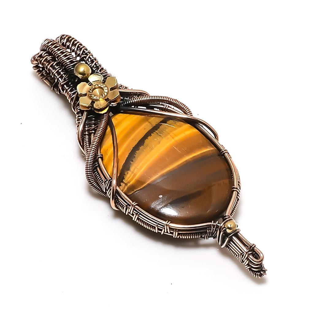 Tiger Eye Pendant, Handmade Gemstone 999 Copper Wire Wrapped Pendant Antique Jewelry, For Gift Silver Jewelry
