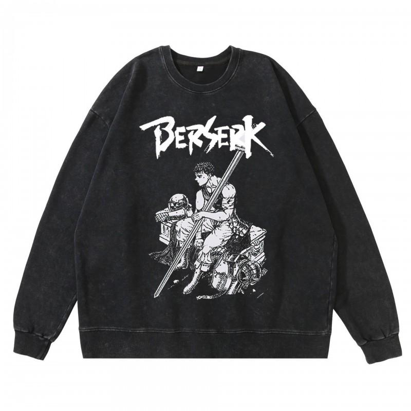 Heavyweight 360g Washed Vintage Berserk Anime Streetwear Cotton Pullover Hoodie-Free Crewneck Sweatshirt Men