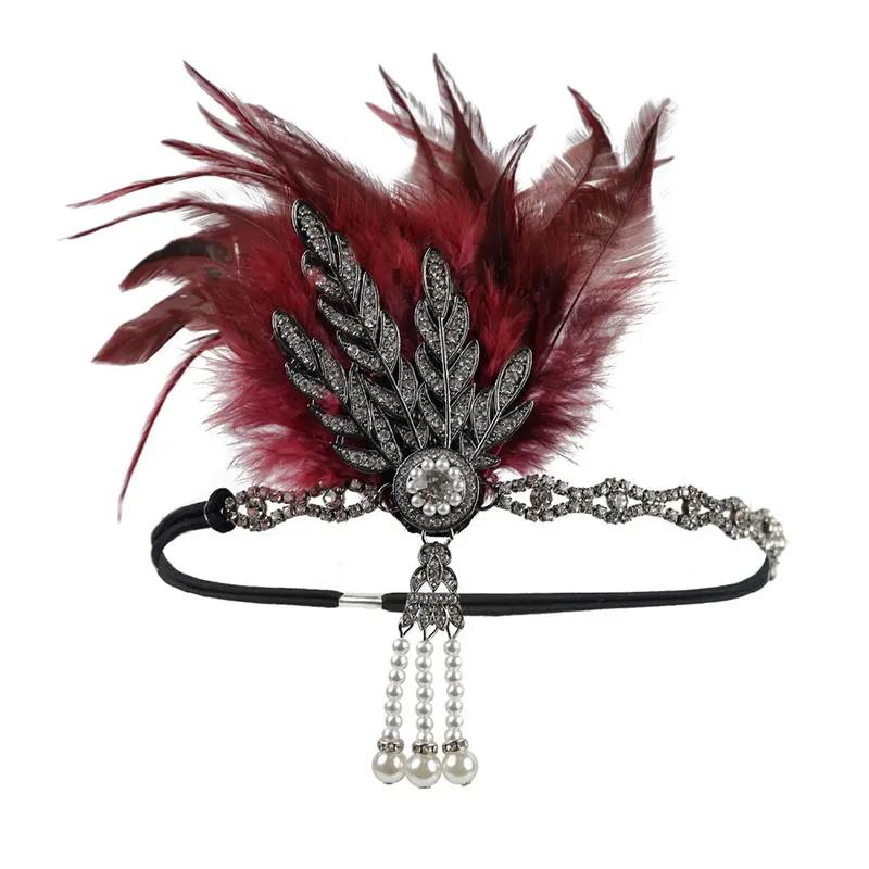 1920s Vintage Feather Flapper Gatsby Headband Rhinestone Pearl Metal Chain Charleston Party Bridal Headpiece Carnival Accessorie