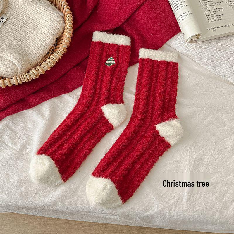 Women's Winter Coral Fleece Socks with Velvet Lining - Thick, Warm Red Christmas Socks with Embroidered Australian Wool for Benmingnian and Sleep.
