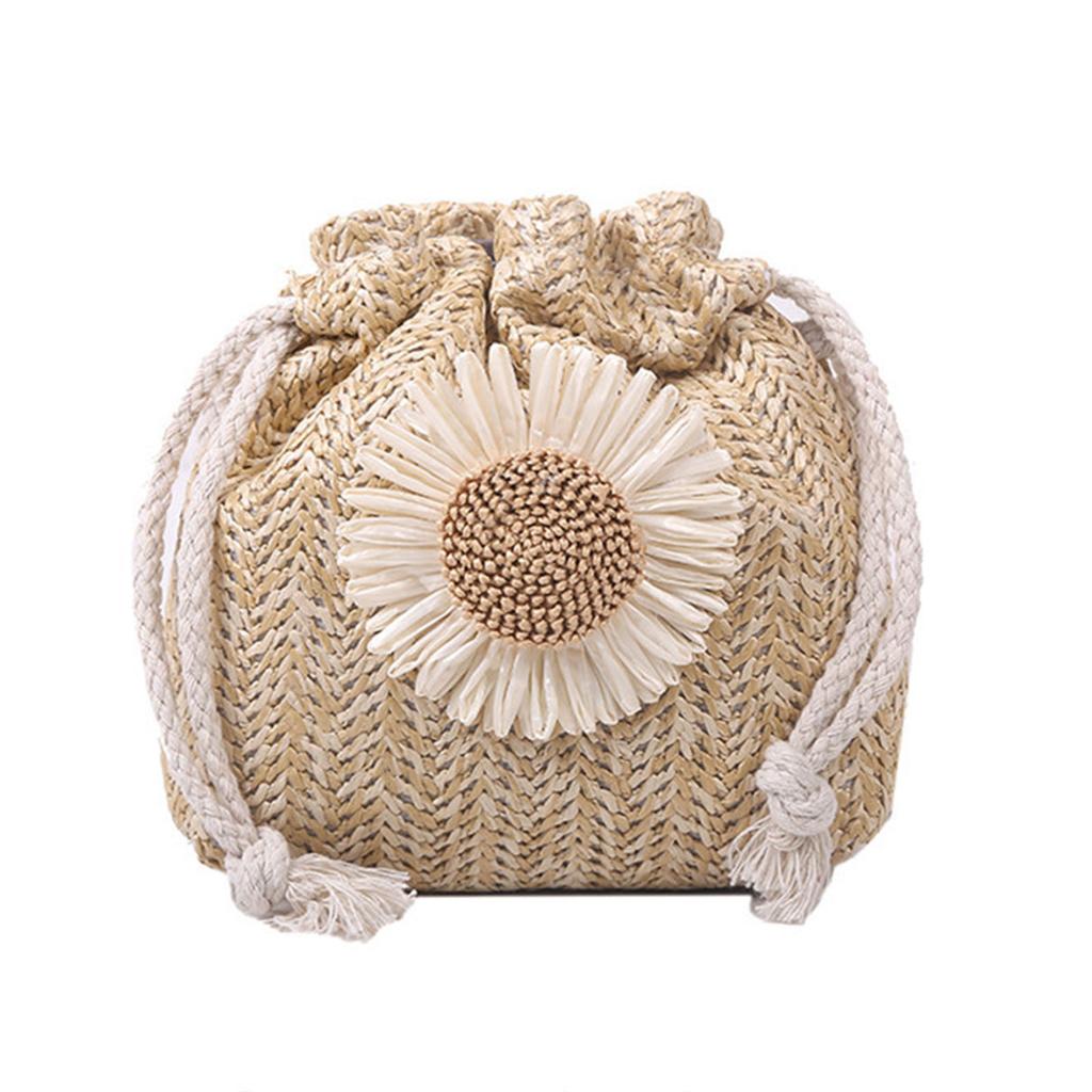 Fashion Drawstring Straw Messenger Bag Crossbody Handbag Summer Shoulder Bag Flower Straw Bucket Bag for Photo Shooting