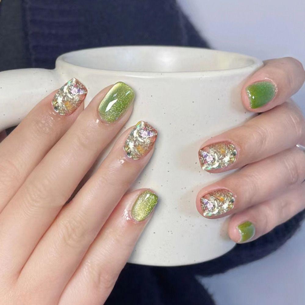 24PCS Short Fake Nails Cat Eye Artficial Nails Reusable False Nails  DIY Manicure Art