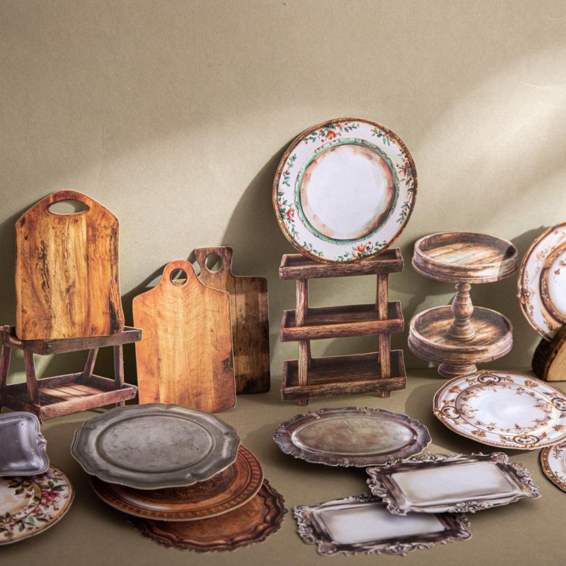 Retro Kreatives Journal & DIY Landschaftsaufkleber: Design für ein antikes Speiseteller-Set