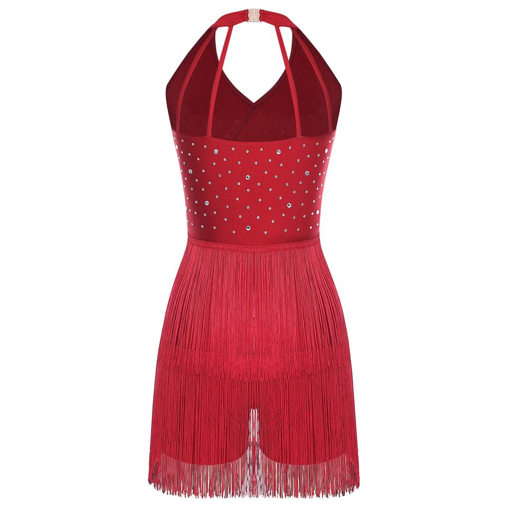 S-3XL Glitter Fringe Halter Dance Jumpsuit Sleeveless Rhinestone Multi-Layer Strappy Back Leotard for Salsa Tango Latin Jazz Stage Performance