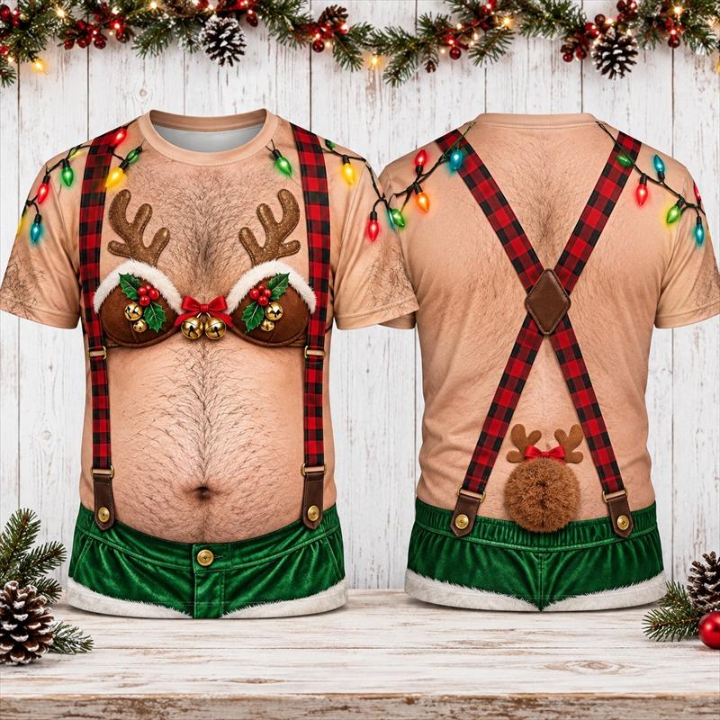 Falscher haariger Bauch Weihnachten T-Shirt 2026 Neu Herren Kurzarm 3D Lustiger Illusionsdruck Festliches BH Neuheit Weihnachten Party Outfit T-Shirt