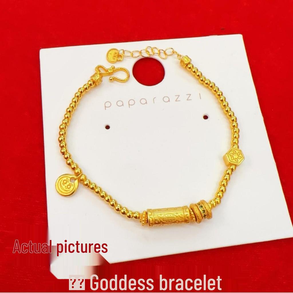 Lucky Goddess Gold-Color Ethnic Bracelet with Engraved Barrel Beads and Tibetan Rope.