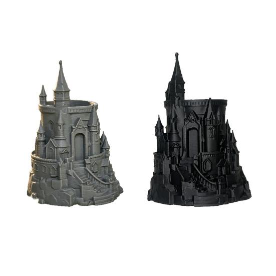 Dark Castle Pen Holder Large-Diameter Storage Desktop Organizer with 3D Micro-Landscape Design Distressed Black Gray Texture Durable Fantasy Decor