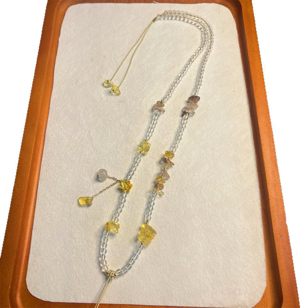Hand-Woven White Crystal Bead Chain Necklace with Amber Pendant and Jadeite Gold Lanyard