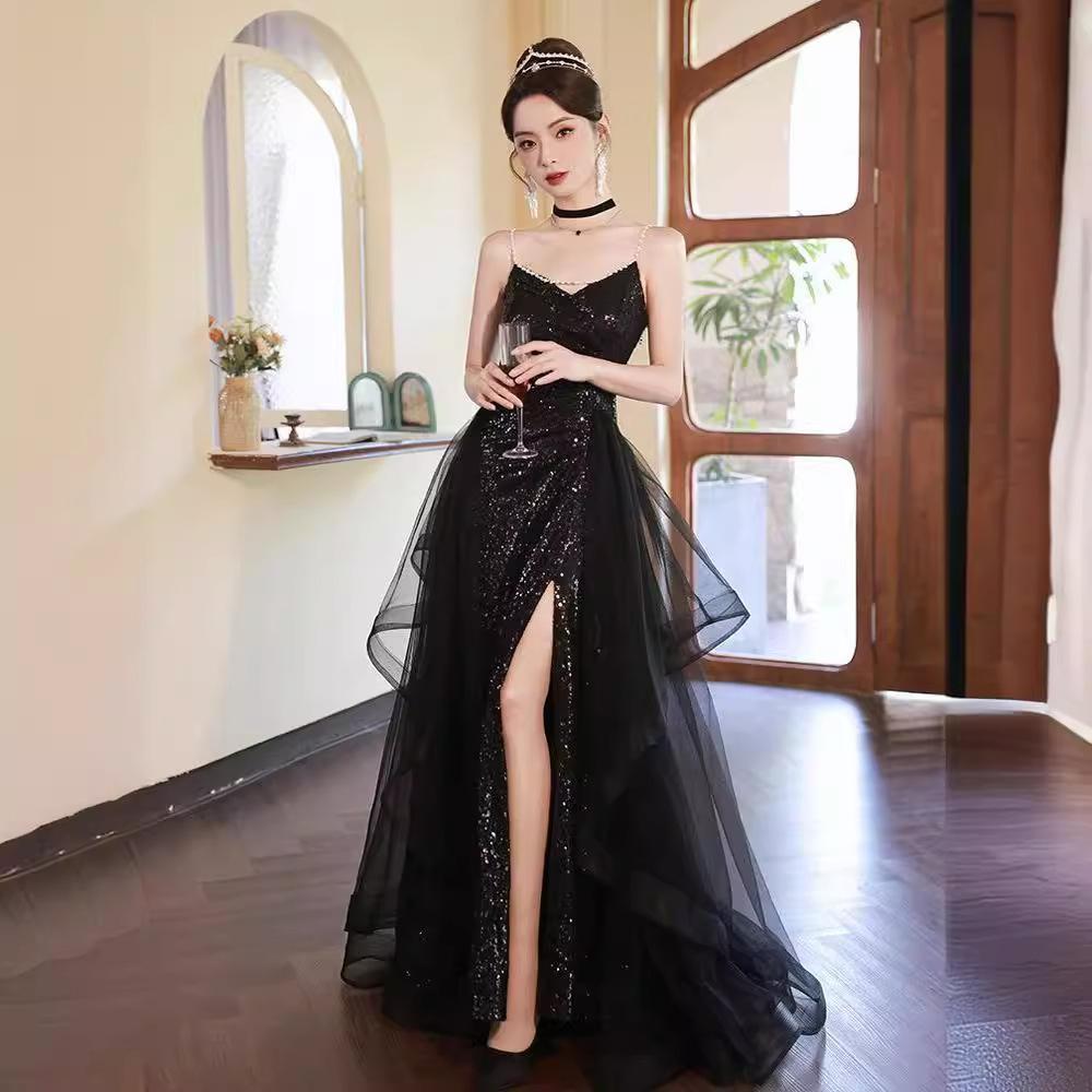 Black banquet evening dress 1011 summer new sequined art test performance dress suspender party dress