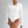 Damen Office Bluse Bodysuit Top Knopfleiste Kragen Langarm Einteiler Arbeitshemd Lässig Lockerer Schnitt Business Tops