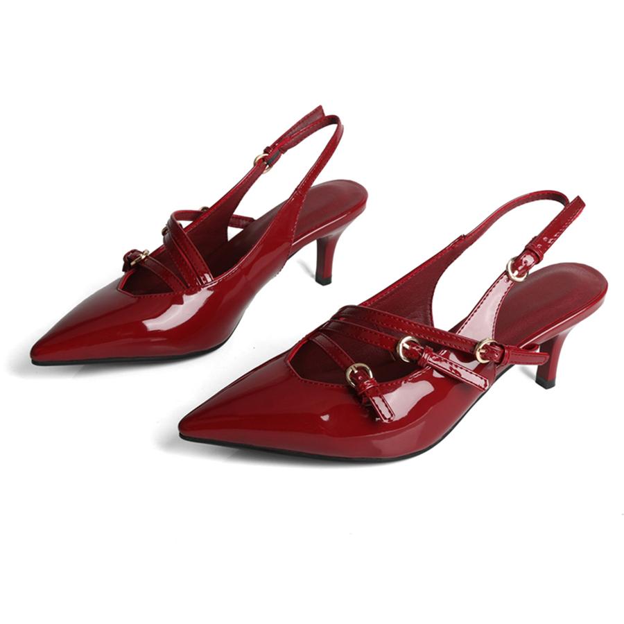 

FOREADA Women Patent Leather Slingback Pumps Pointed Toe Kitten High Heels Buckle Mary Janes Ladies Fashion Shoes Spring Autumn 43 39 вино красного