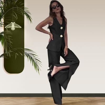 2 Pcs/Set Women Suit Vest Pants Set V Neck Double Button Closure Sleeveless Waistcoat High Waist Solid