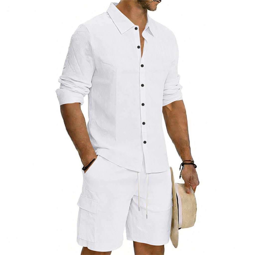 Men's Casual Long-sleeved Tooling Shirt Shorts Set