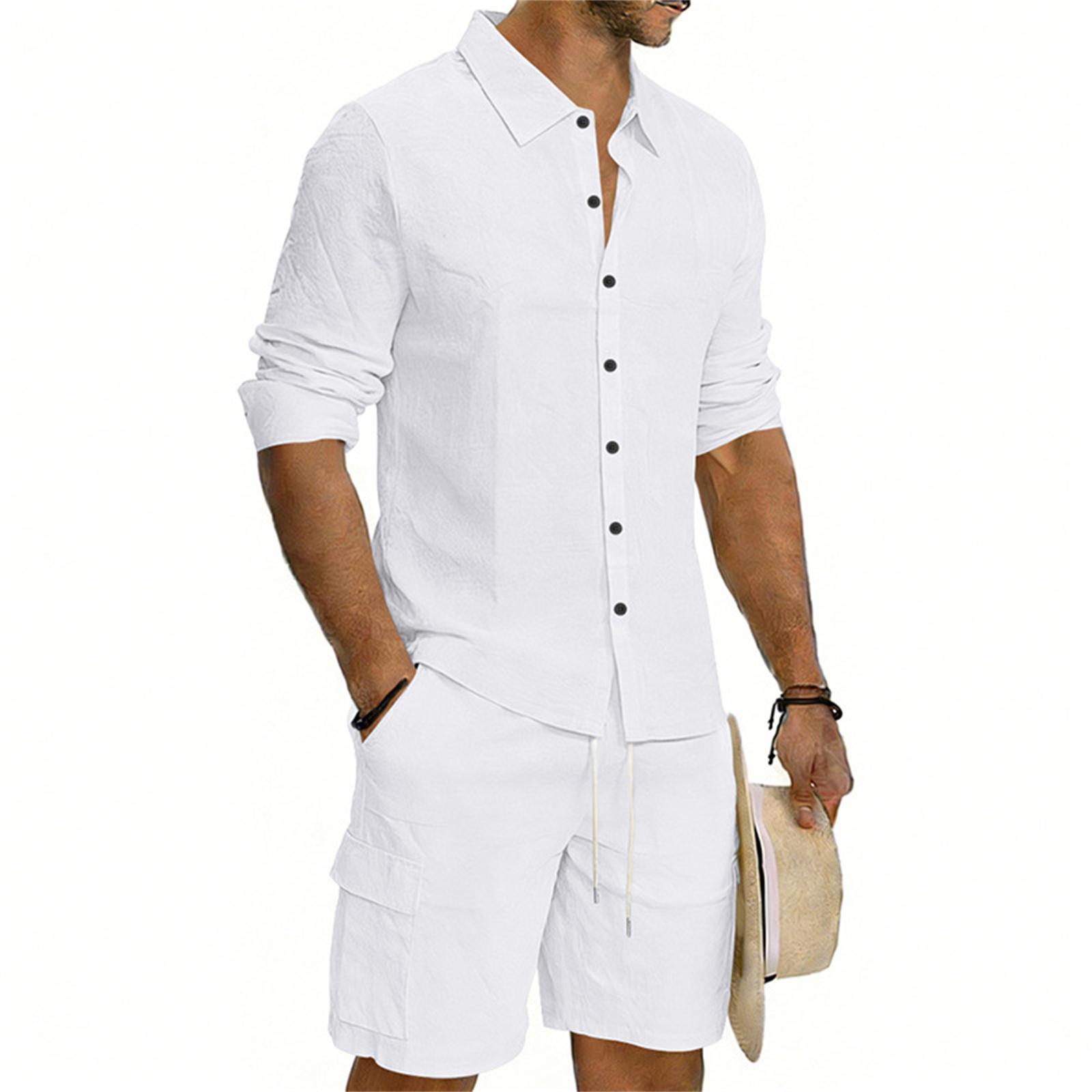 

Men s Casual Long-sleeved Tooling Shirt Shorts Set XL білий
