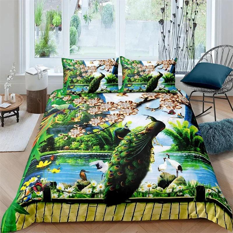 Peacock Duvet Cover Exotic Birds Animals Quilt Cover Polyester Feather Butterfly Flowers Bedding Set 2/3Pcs King For Girls Teens