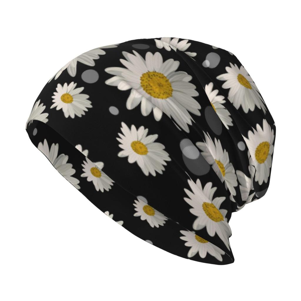 White Daisy Print Warm and Soft Knitted Cap Lightweight Casual Cap Loose Chemotherapy Cap Cancer Patient Headwear Gift