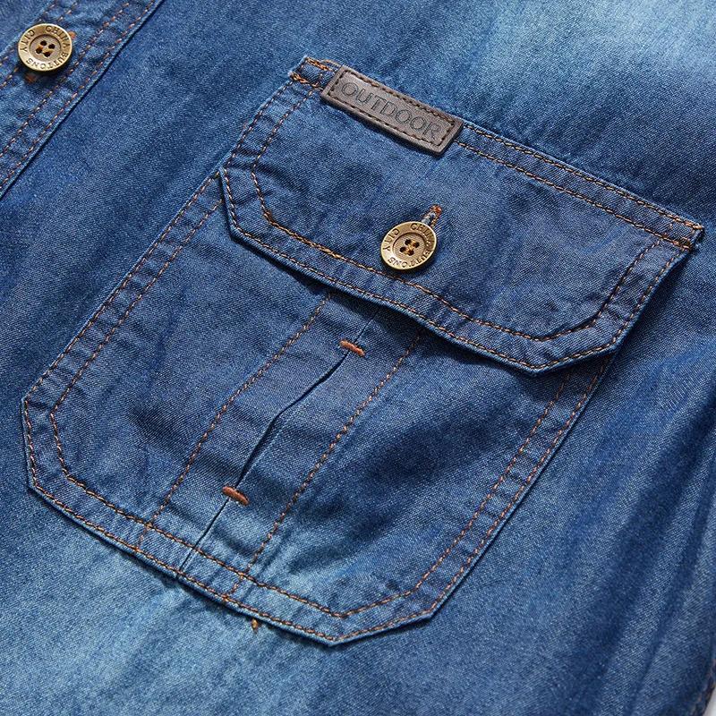 Männer Multi Taschen Denim Werkzeug Shirts Sommer Kurzarm Blue Jeans Shirts Hohe Qualität Männer Baumwolle Casual Shirts Größe
