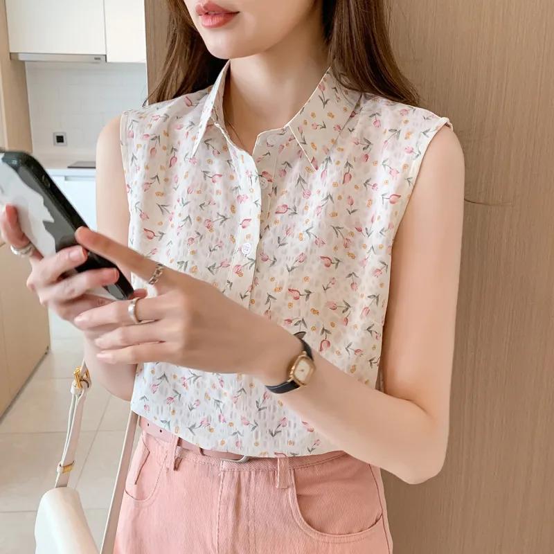 Ladies Summer Temperament Lapel Chiffon Shirt Thin Section Splicing Printing Button Blouse