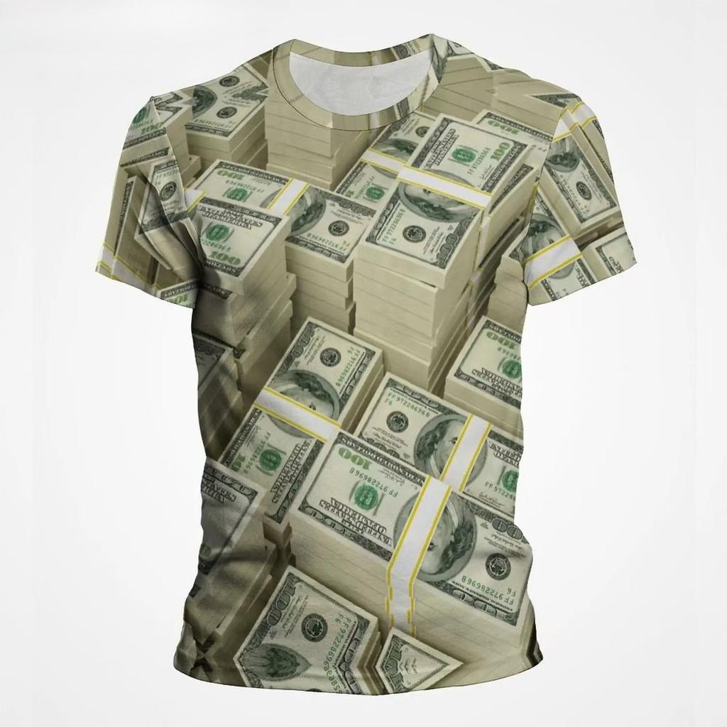 Summer Men's Round Neck Short Sleeved T-shirt Comfortable Fashionable Breathable Sweat Absorbing Money Pattern 3D Printed Loose Large T-shirt